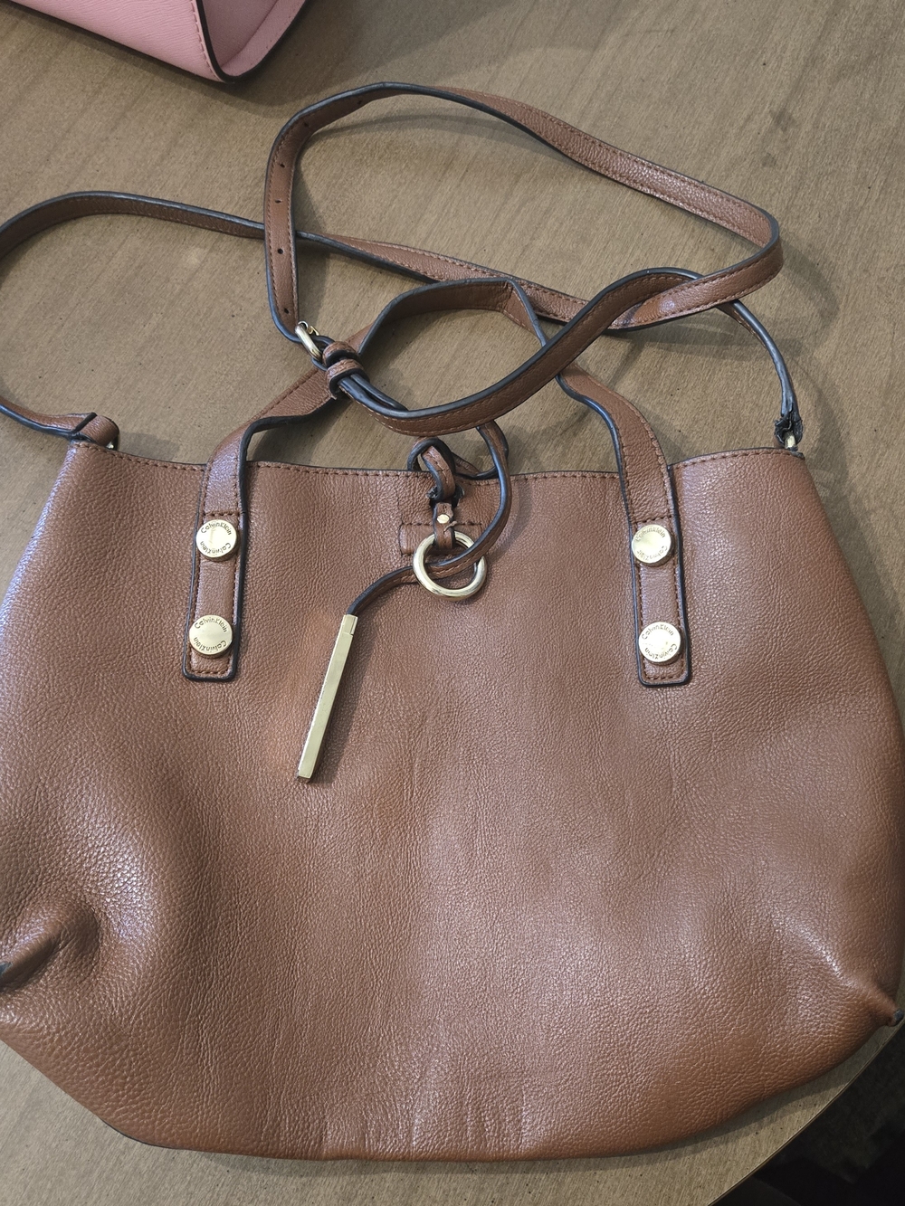 Calvin Klein Brown Leather Shoulder Tote with Gold Hardware